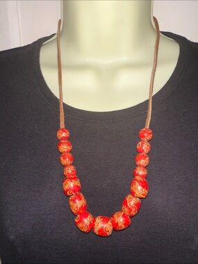 Handcrafted Red Floral Wooden Bead Necklace on Leather Cord